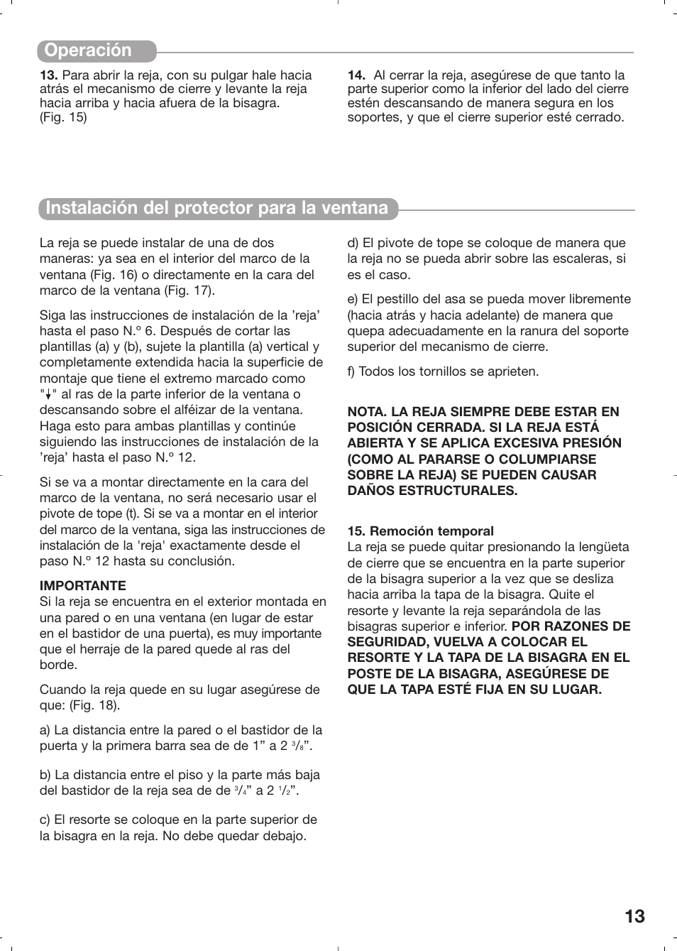 13 operación, Instalación del protector para la ventana | Kidco Angle Mount Safeway Gate G22a User Manual | Page 13 / 19