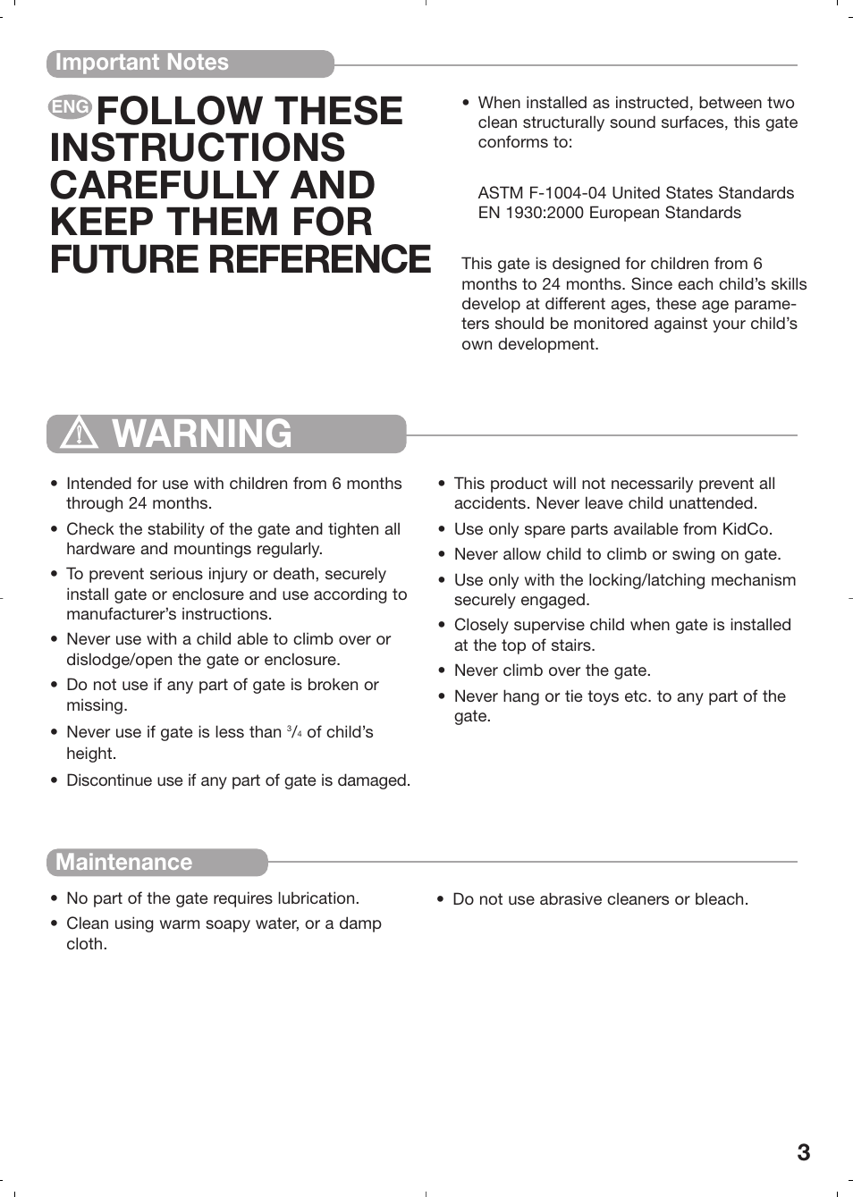 Warning | Kidco Angle Mount Safeway Gate G22a User Manual | Page 3 / 19