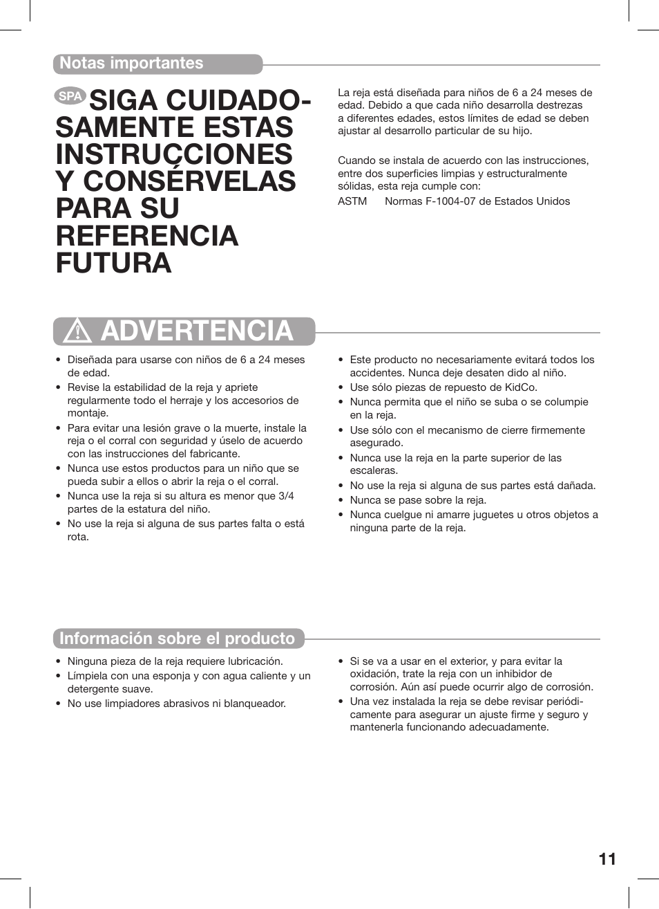 Notas importantes información sobre el producto | Kidco Premier Gateway G150 User Manual | Page 11 / 22
