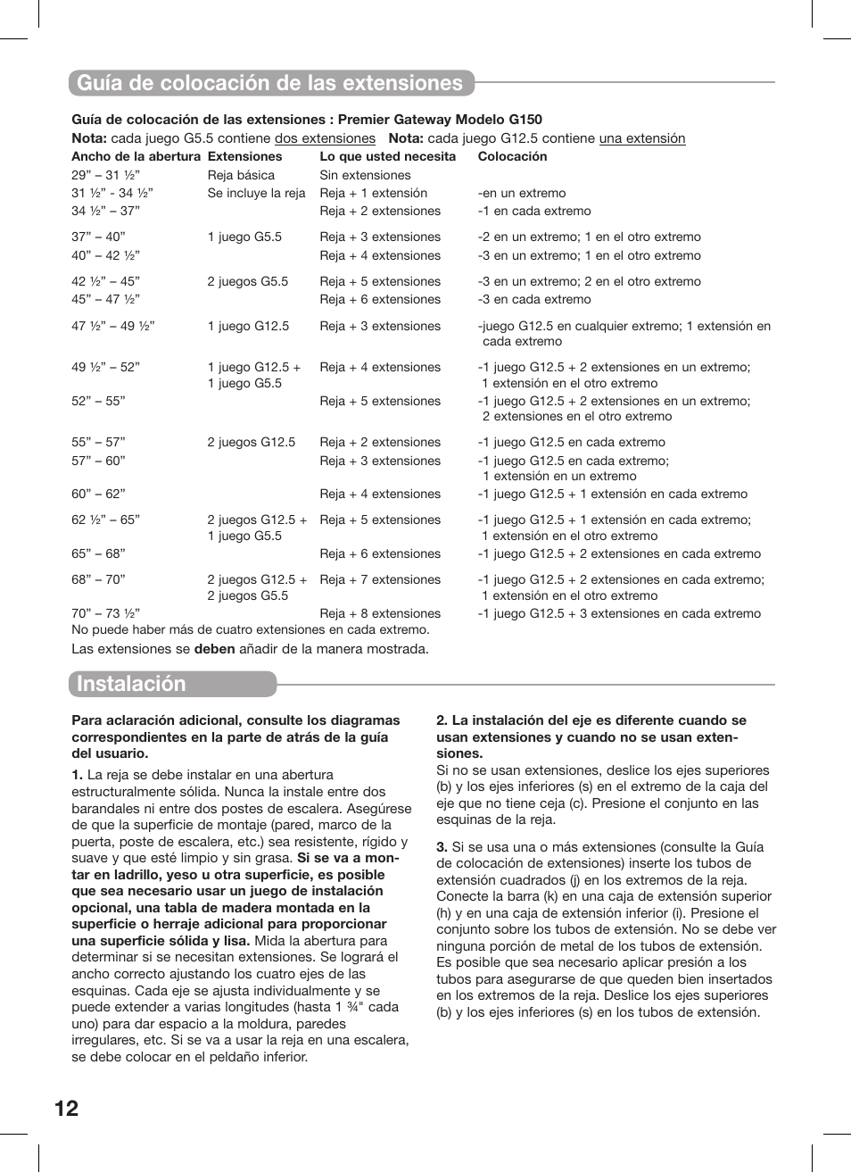 12 instalación, Guía de colocación de las extensiones | Kidco Premier Gateway G150 User Manual | Page 12 / 22