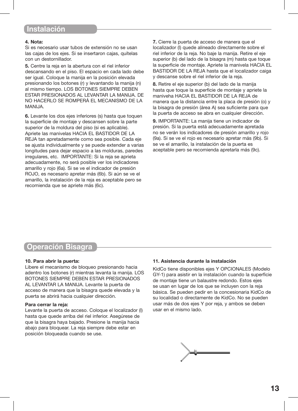 Instalación, Operación bisagra | Kidco Premier Gateway G150 User Manual | Page 13 / 22