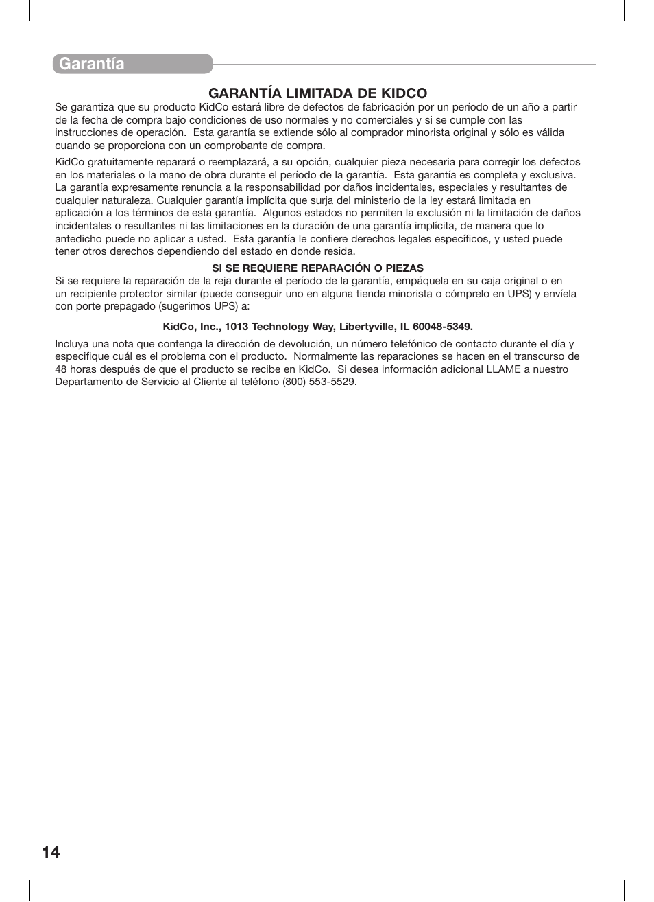 14 garantía | Kidco Premier Gateway G150 User Manual | Page 14 / 22