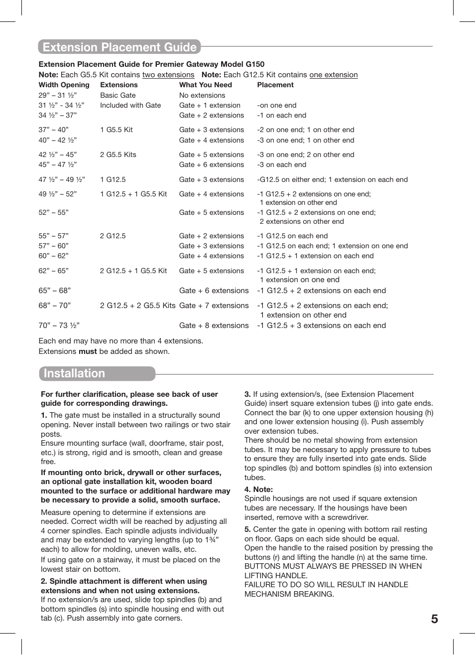 Installation 5 extension placement guide | Kidco Premier Gateway G150 User Manual | Page 5 / 22
