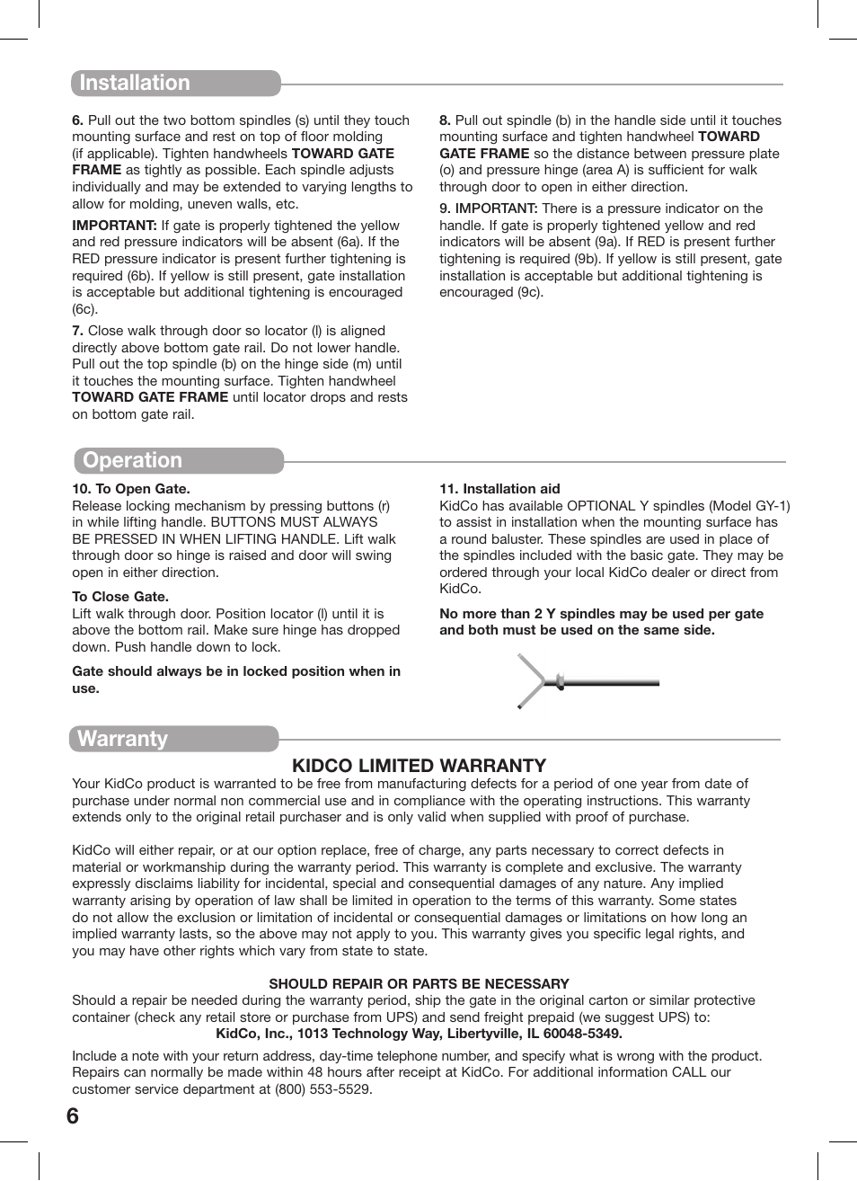 6operation, Warranty, Installation | Kidco Premier Gateway G150 User Manual | Page 6 / 22