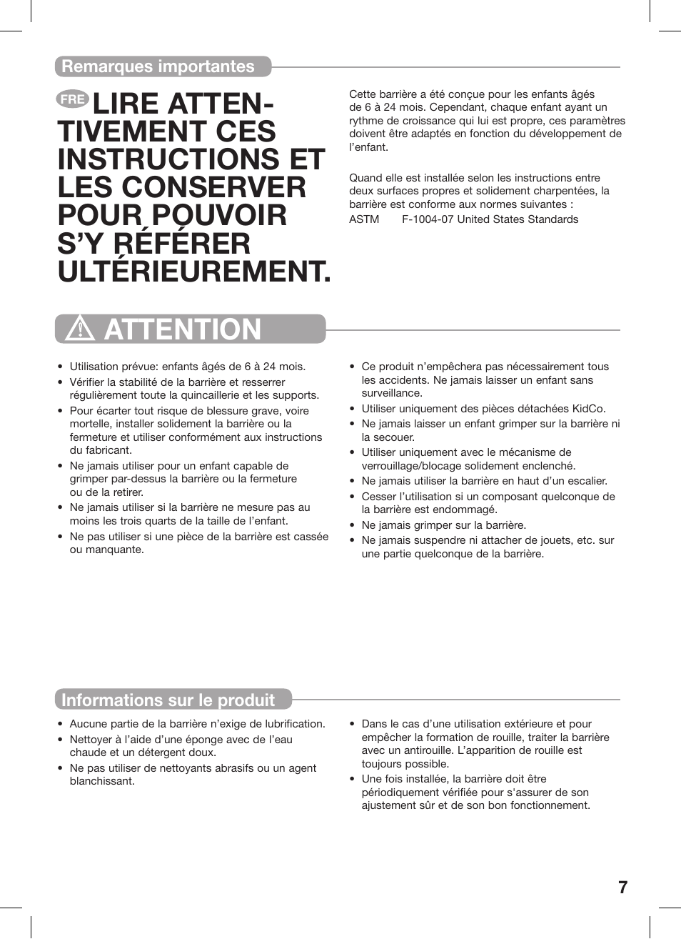 Remarques importantes informations sur le produit | Kidco Premier Gateway G150 User Manual | Page 7 / 22