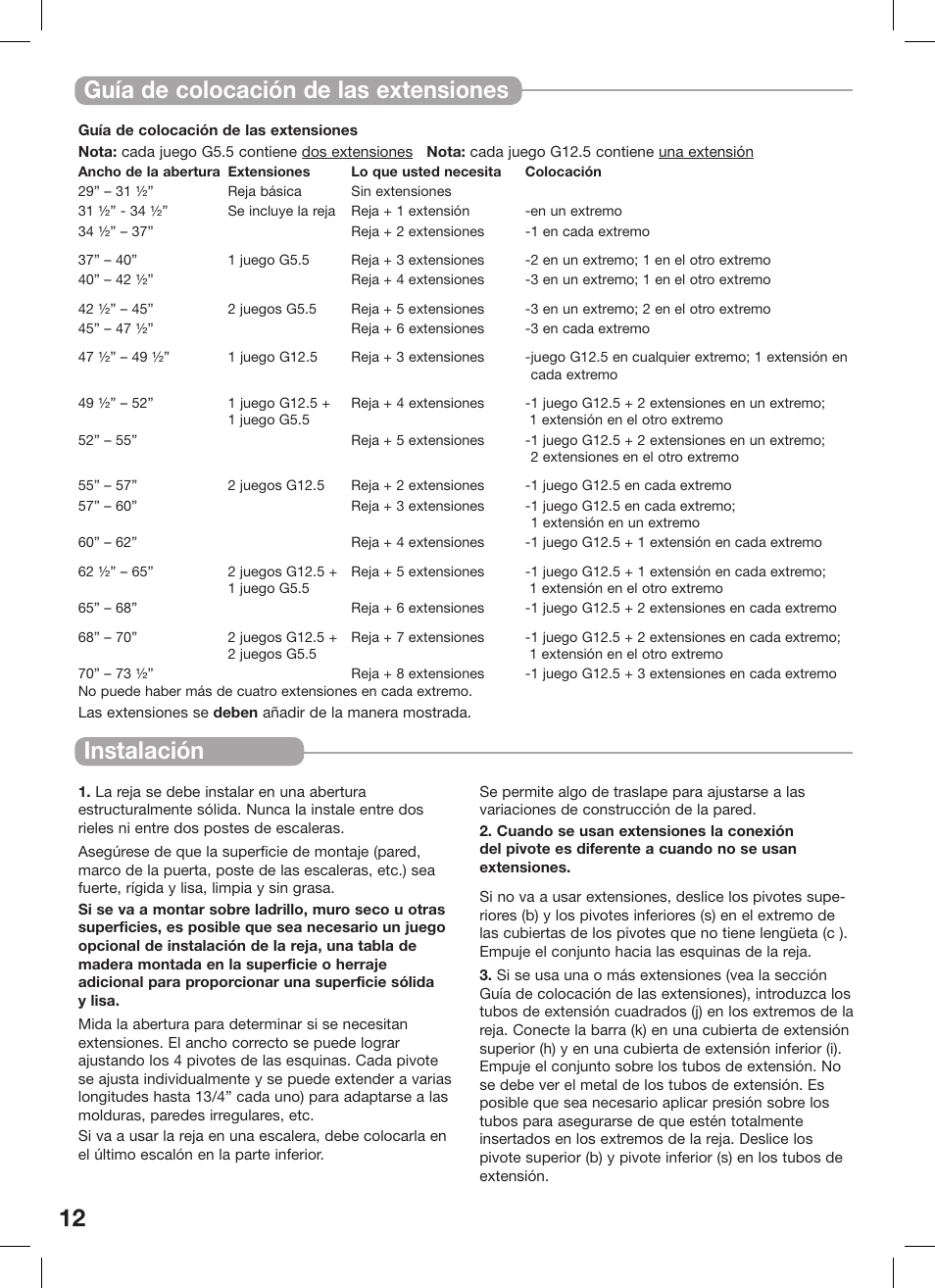 Instalación 12 instalación, Guía de colocación de las extensiones, Operación bisagra | Kidco Extra Tall Center Gateway G16a User Manual | Page 12 / 22