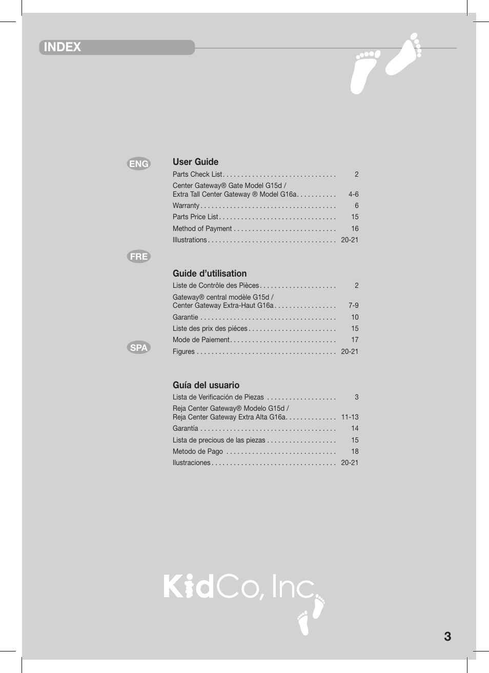 Index | Kidco Extra Tall Center Gateway G16a User Manual | Page 3 / 22