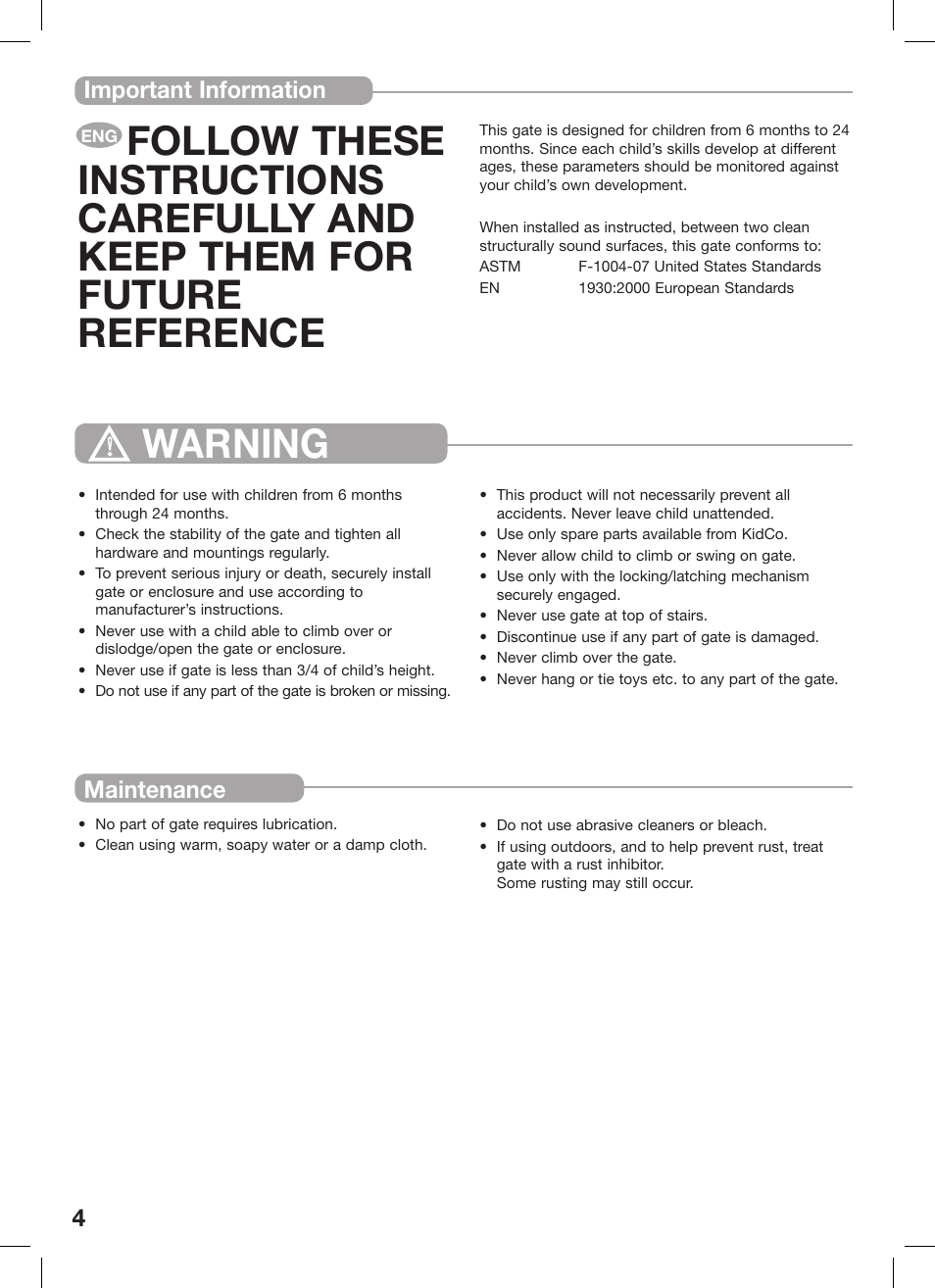 Warning | Kidco Extra Tall Center Gateway G16a User Manual | Page 4 / 22