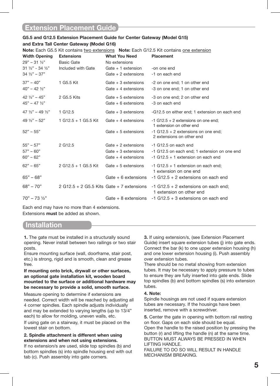 Installation 5 extension placement guide | Kidco Extra Tall Center Gateway G16a User Manual | Page 5 / 22