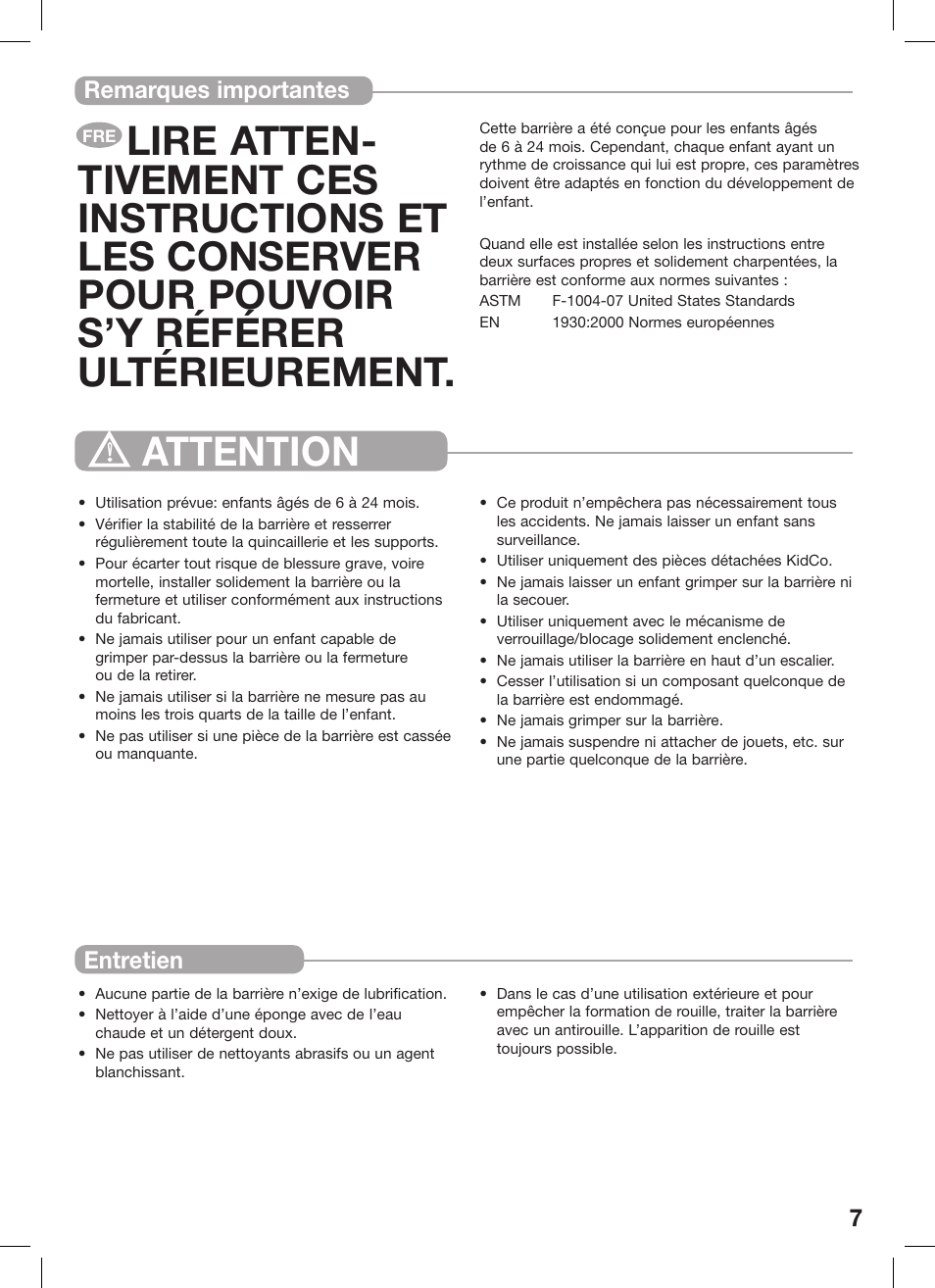 Remarques importantes entretien | Kidco Extra Tall Center Gateway G16a User Manual | Page 7 / 22