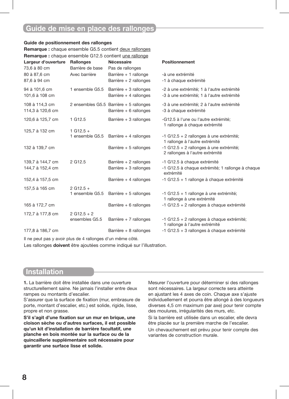 8installation, Guide de mise en place des rallonges installation | Kidco Extra Tall Center Gateway G16a User Manual | Page 8 / 22