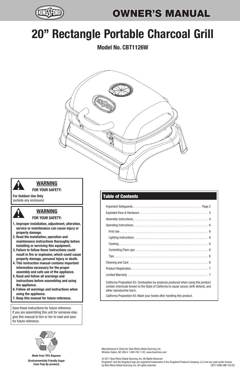 Kingsford CBT1126W User Manual | 16 pages