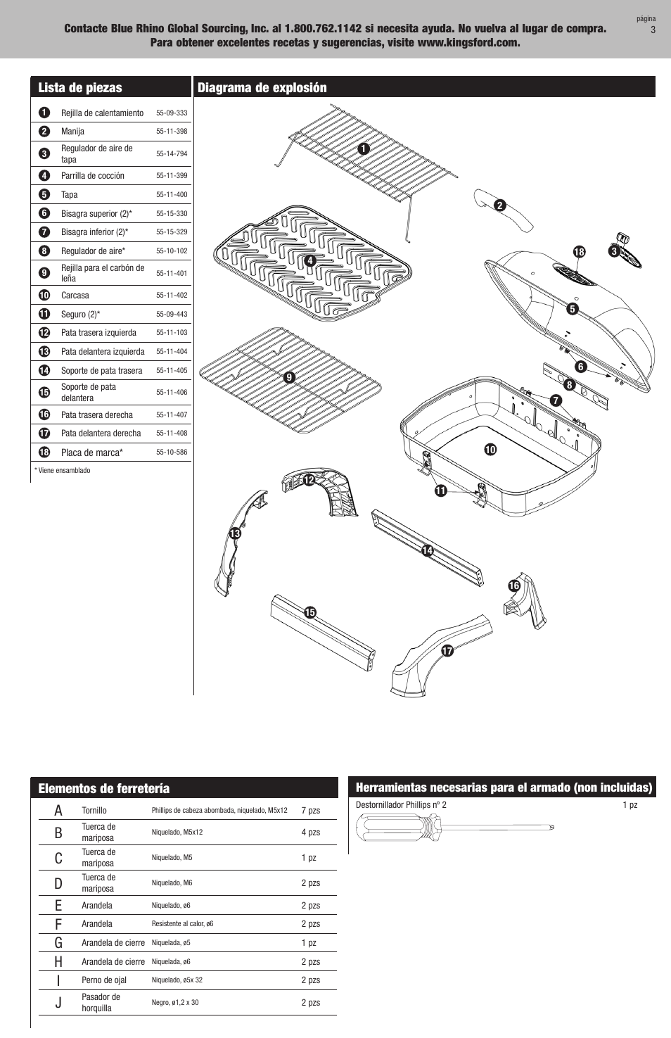 Lista de piezas, Diagrama de explosión elementos de ferretería | Kingsford CBT1126W User Manual | Page 11 / 16