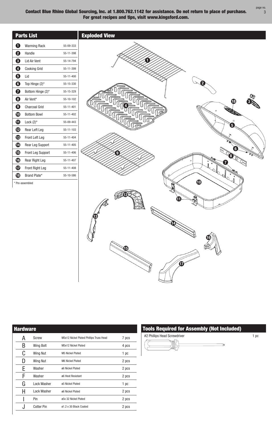 Parts list, Exploded view, Hardware | Tools required for assembly (not included) | Kingsford CBT1126W User Manual | Page 3 / 16