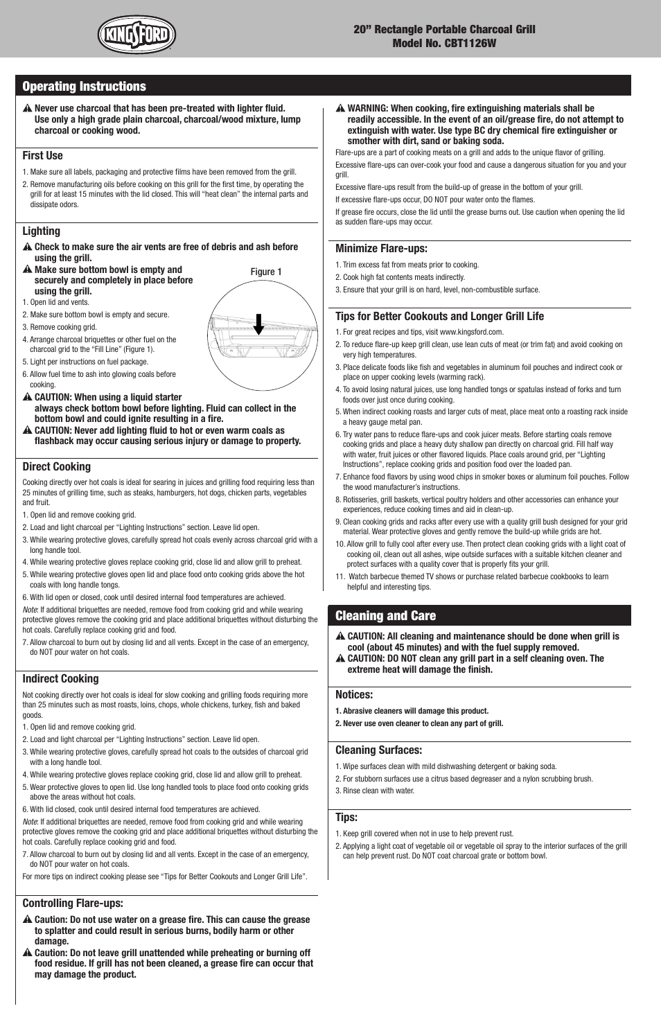 Operating instructions, Cleaning and care | Kingsford CBT1126W User Manual | Page 6 / 16