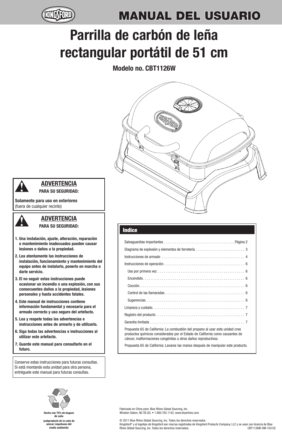 Manual del usuario, Modelo no. cbt1126w, Advertencia | Indice | Kingsford CBT1126W User Manual | Page 9 / 16