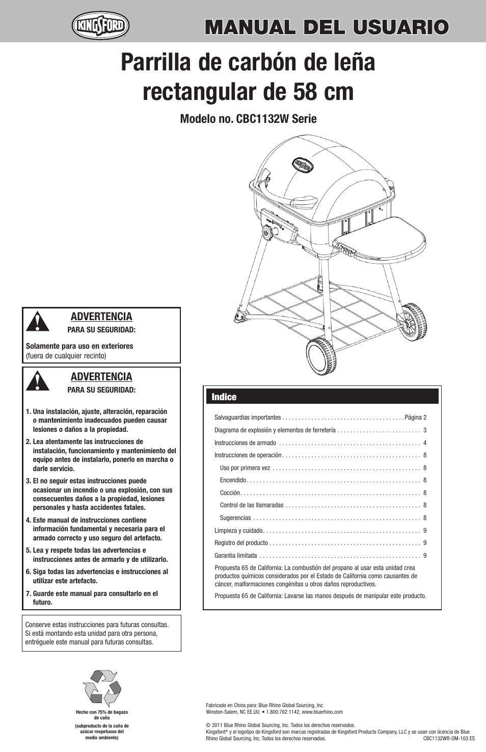 Parrilla de carbón de leña rectangular de 58 cm, Manual del usuario, Modelo no. cbc1132w serie | Advertencia, Indice | Kingsford CBC1132W User Manual | Page 11 / 20