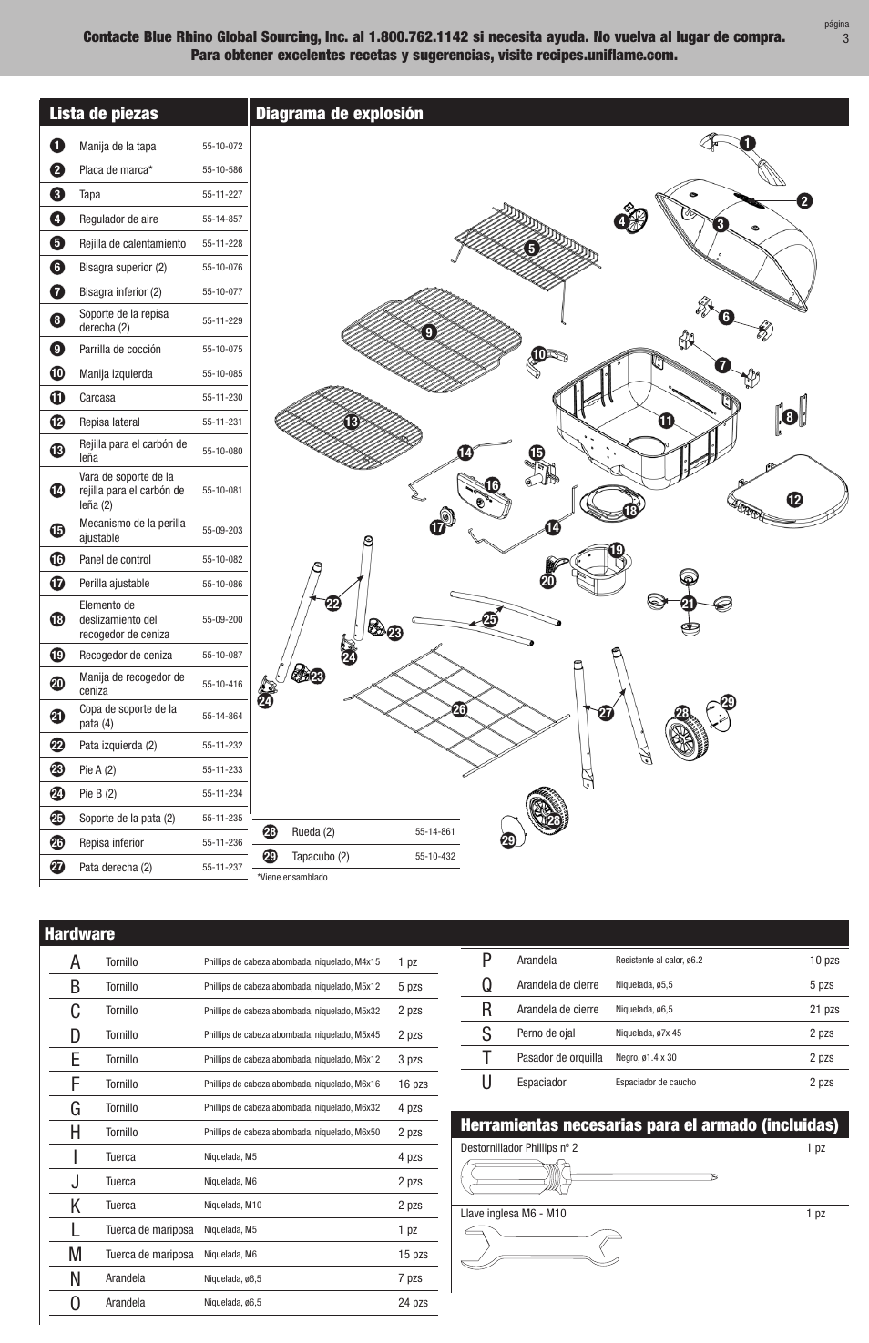 Lista de piezas, Diagrama de explosión, Herramientas necesarias para el armado (incluidas) | Hardware | Kingsford CBC1132W User Manual | Page 13 / 20
