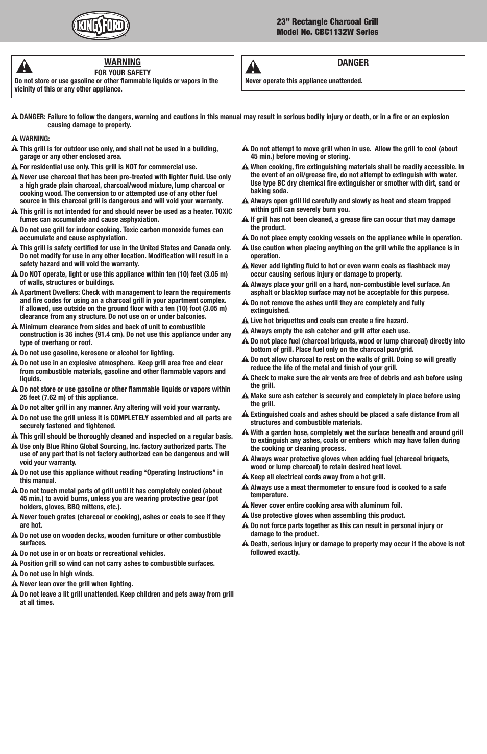 Danger, Warning | Kingsford CBC1132W User Manual | Page 2 / 20