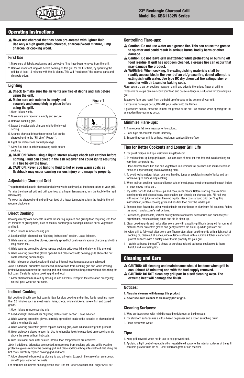 Cleaning and care, Operating instructions | Kingsford CBC1132W User Manual | Page 8 / 20