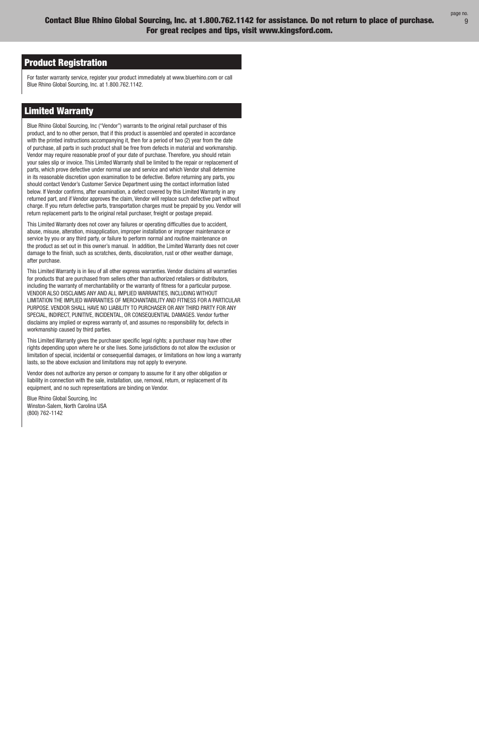 Product registration, Limited warranty | Kingsford CBC1132W User Manual | Page 9 / 20