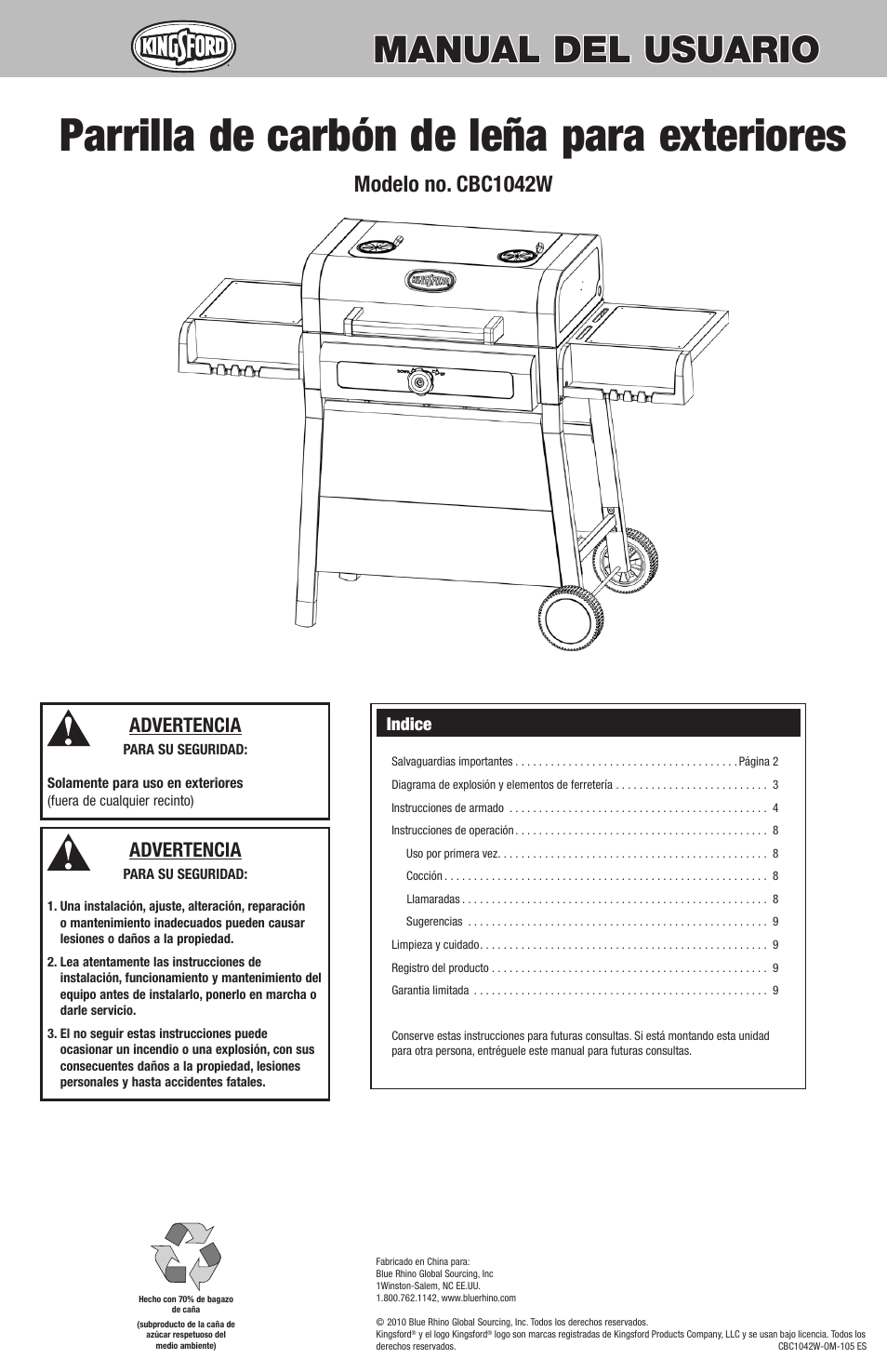 Parrilla de carbón de leña para exteriores, Manual del usuario, Modelo no. cbc1042w | Advertencia, Indice | Kingsford CBC1042W User Manual | Page 11 / 20