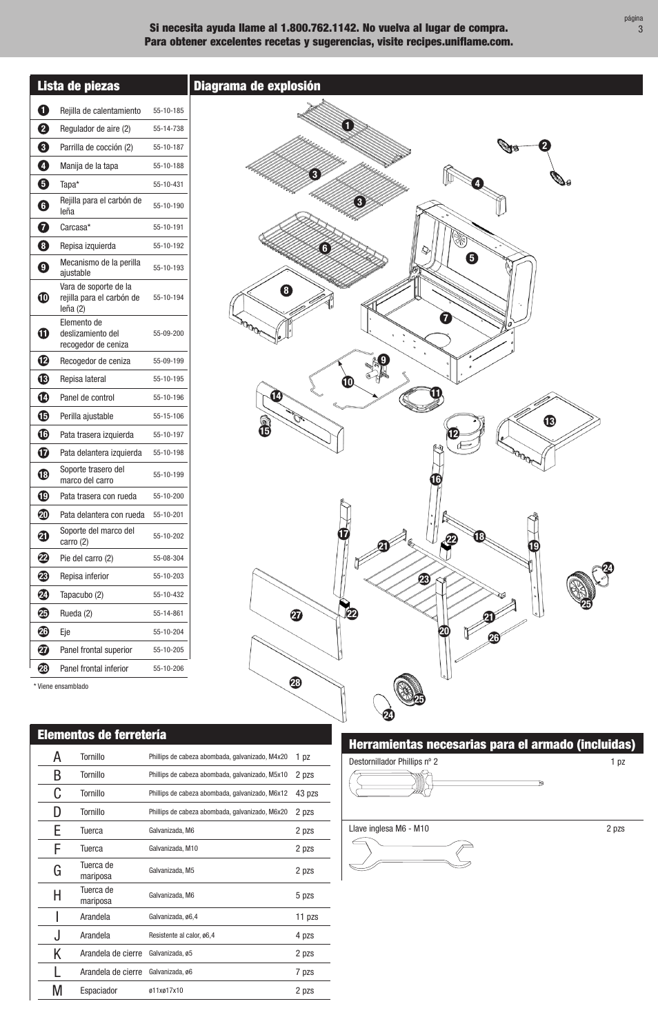 Lista de piezas, Diagrama de explosión, Elementos de ferretería | Herramientas necesarias para el armado (incluidas) | Kingsford CBC1042W User Manual | Page 13 / 20