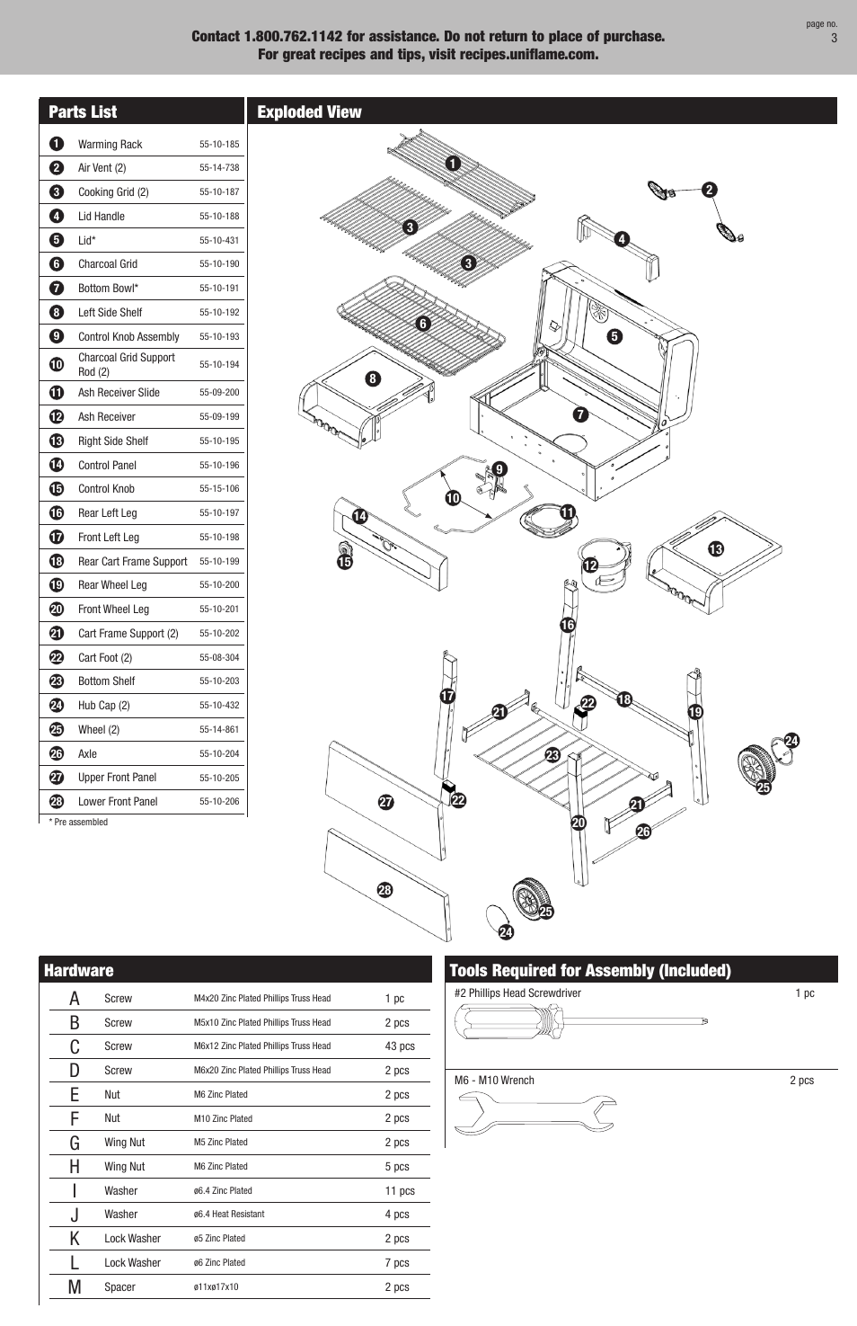 Parts list, Exploded view, Hardware | Tools required for assembly (included) | Kingsford CBC1042W User Manual | Page 3 / 20