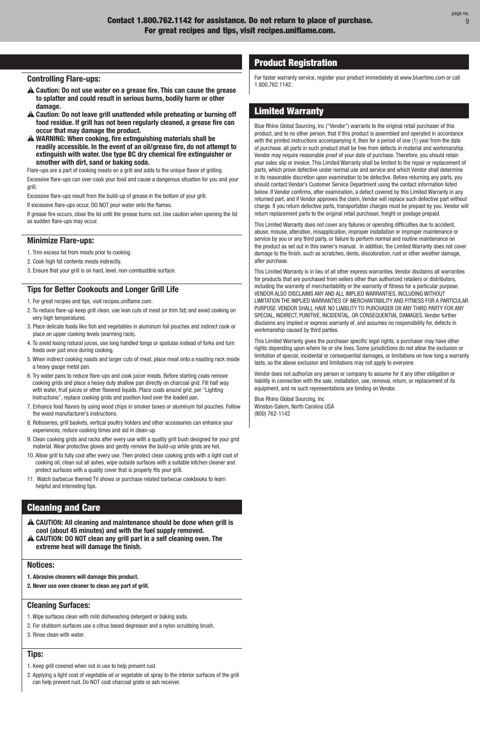 Cleaning and care, Operating instructions product registration, Limited warranty | Kingsford CBC1042W User Manual | Page 9 / 20