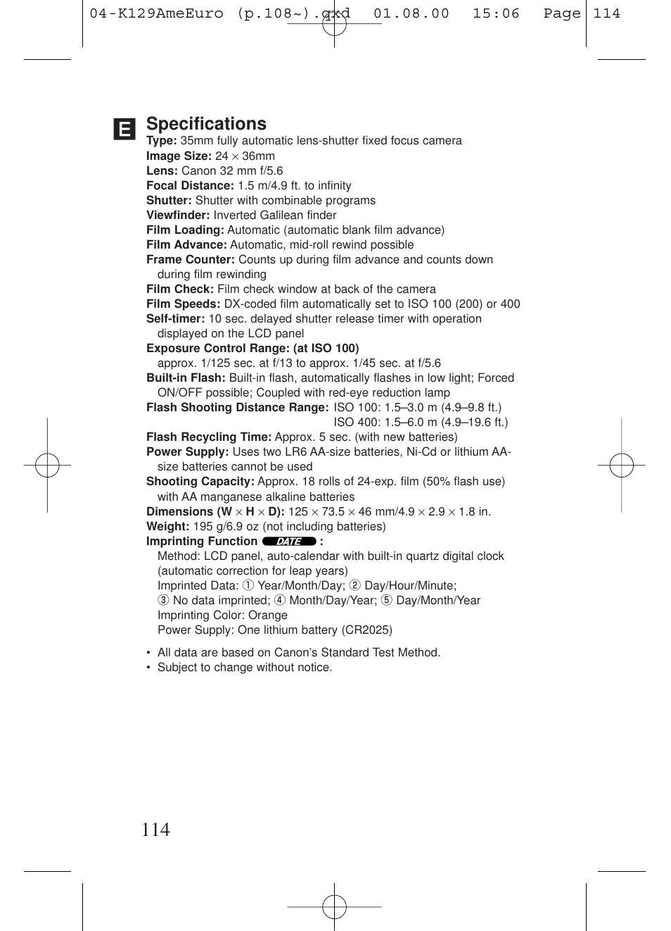 Specifications | Kiev Camera CT1-7462-000 User Manual | Page 114 / 119