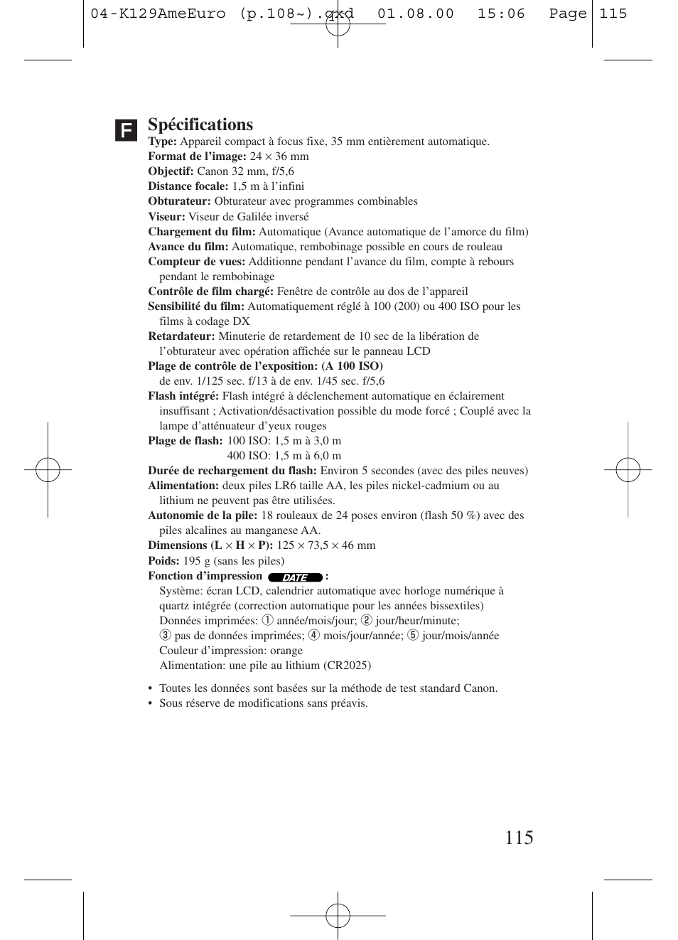 Spécifications | Kiev Camera CT1-7462-000 User Manual | Page 115 / 119