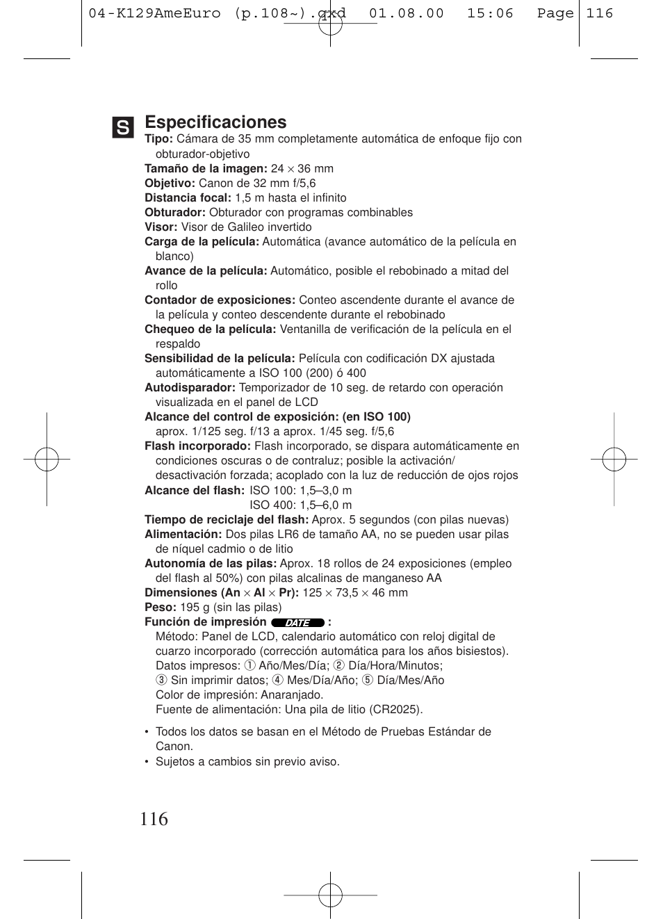 Especificaciones | Kiev Camera CT1-7462-000 User Manual | Page 116 / 119