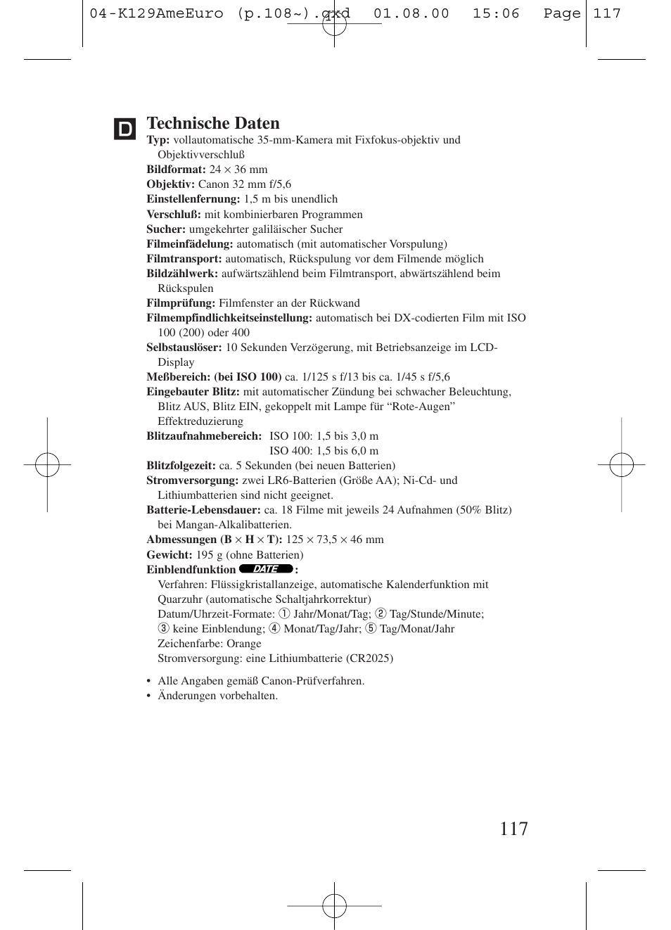 Technische daten | Kiev Camera CT1-7462-000 User Manual | Page 117 / 119