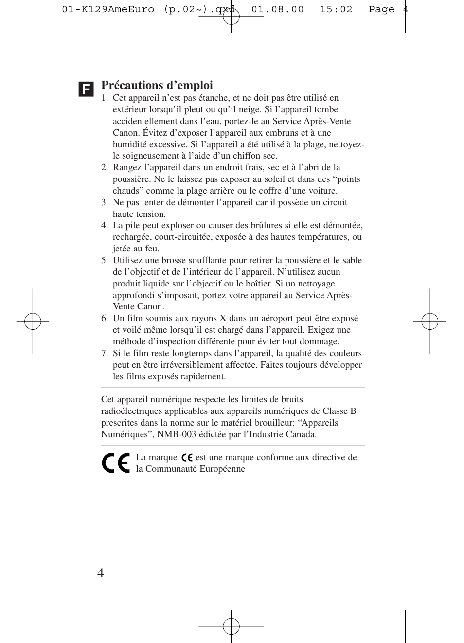 Précautions d’emploi | Kiev Camera CT1-7462-000 User Manual | Page 4 / 119