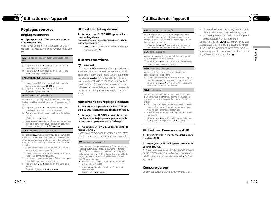 Réglages sonores, Autres fonctions, 02 utilisation de l ’appareil | Pioneer DEH-1300MP User Manual | Page 13 / 64
