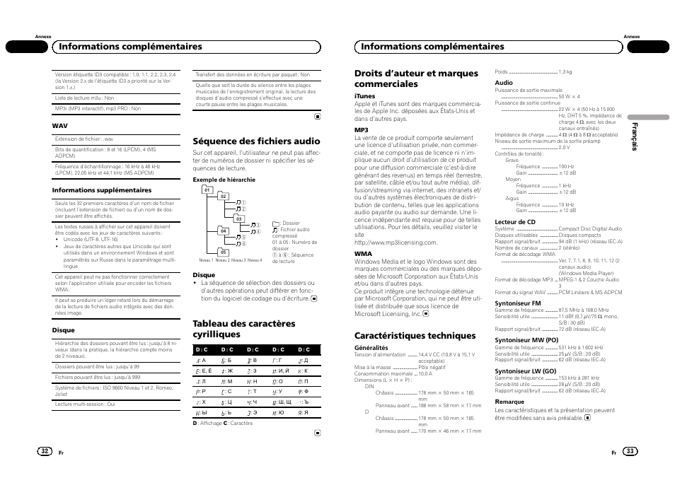 Séquence des fichiers audio, Tableau des caractères cyrilliques, Caractéristiques techniques | Informations complémentaires | Pioneer DEH-1300MP User Manual | Page 17 / 64