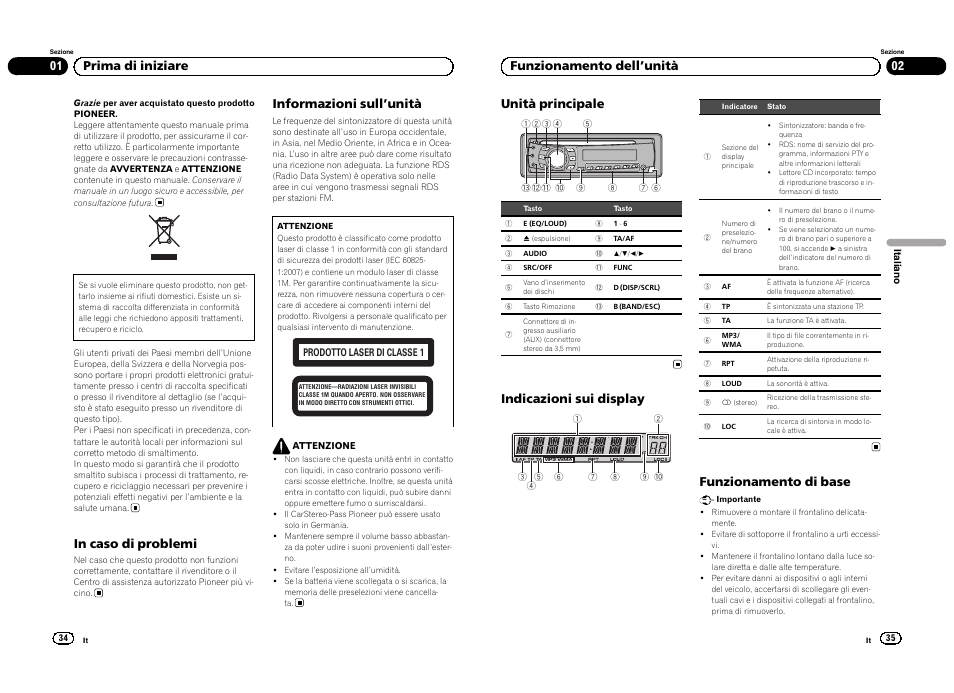 Informazioni sull ’unità, 01 prima di iniziare unità principale, Indicazioni sui display | Funzionamento di base, 02 funzionamento dell ’unità | Pioneer DEH-1300MP User Manual | Page 18 / 64