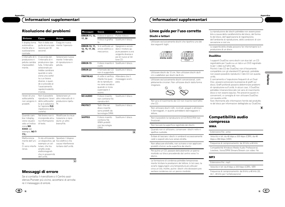 Risoluzione dei problemi, Messaggi di errore, Compatibilità audio compressa | Informazioni supplementari | Pioneer DEH-1300MP User Manual | Page 24 / 64