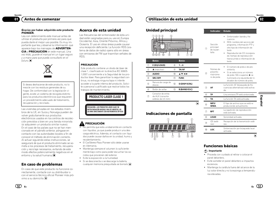 Español, En caso de problemas, Acerca de esta unidad | 01 antes de comenzar unidad principal, Indicaciones de pantalla, Funciones básicas, 02 utilización de esta unidad | Pioneer DEH-1300MP User Manual | Page 27 / 64