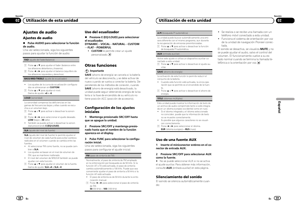 Ajustes de audio, Otras funciones, 02 utilización de esta unidad | Pioneer DEH-1300MP User Manual | Page 30 / 64
