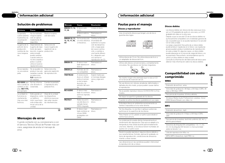 Solución de problemas, Mensajes de error, Información adicional pautas para el manejo | Compatibilidad con audio comprimido, Información adicional | Pioneer DEH-1300MP User Manual | Page 33 / 64