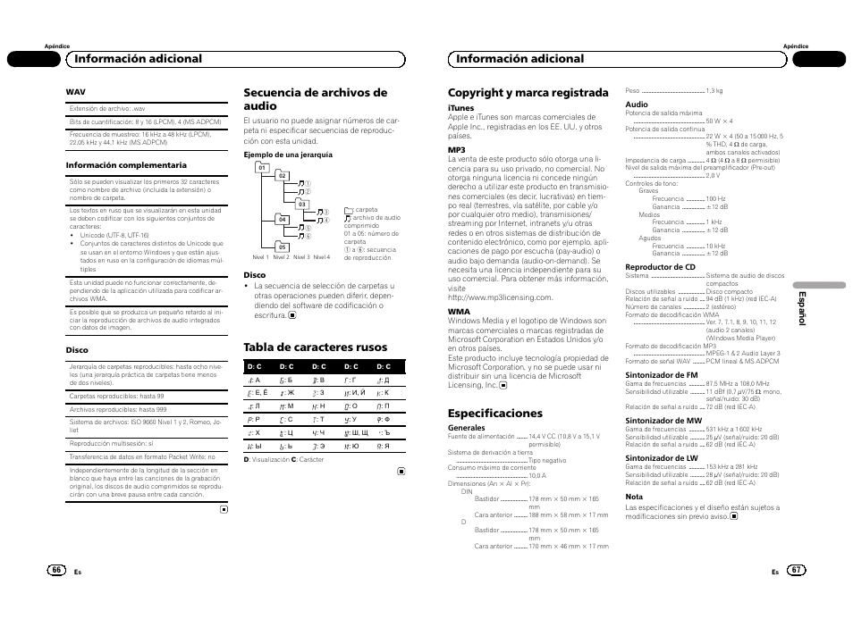 Secuencia de archivos de audio, Tabla de caracteres rusos, Información adicional copyright y marca registrada | Especificaciones, Información adicional | Pioneer DEH-1300MP User Manual | Page 34 / 64
