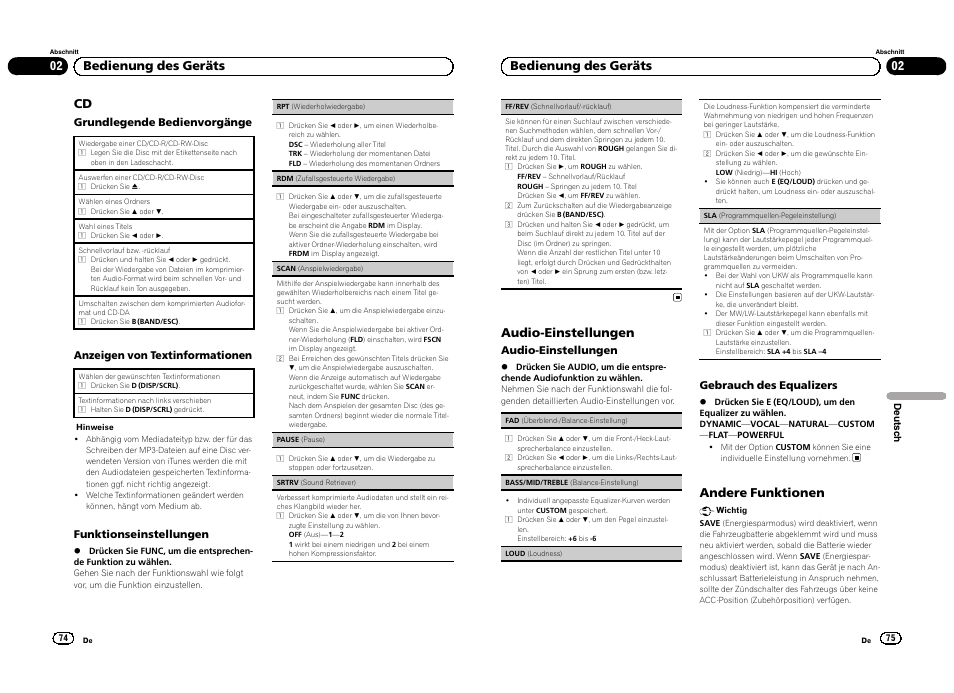 02 bedienung des geräts, Audio-einstellungen, Andere funktionen | Pioneer DEH-1300MP User Manual | Page 38 / 64