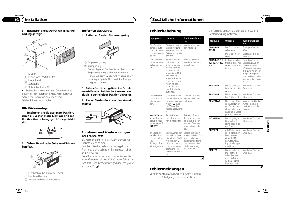 03 installation fehlerbehebung, Fehlermeldungen, Zusätzliche informationen | Pioneer DEH-1300MP User Manual | Page 41 / 64