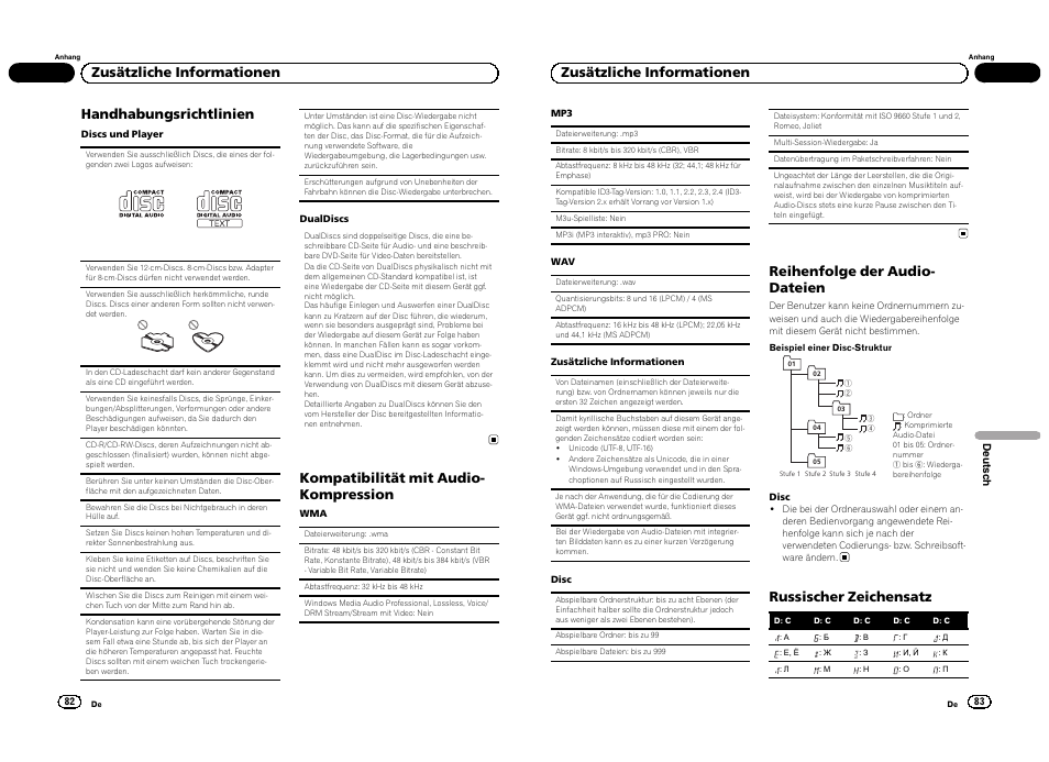 Handhabungsrichtlinien, Kompatibilität mit audio- kompression, Zusätzliche informationen | Reihenfolge der audio- dateien, Russischer zeichensatz | Pioneer DEH-1300MP User Manual | Page 42 / 64