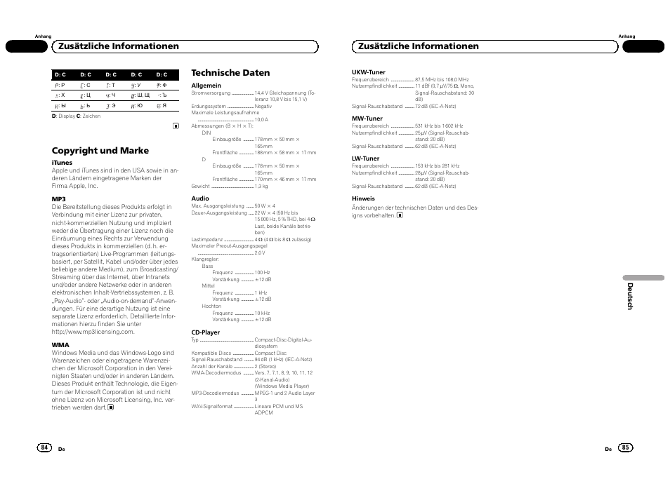 Copyright und marke, Technische daten, Zusätzliche informationen | Pioneer DEH-1300MP User Manual | Page 43 / 64