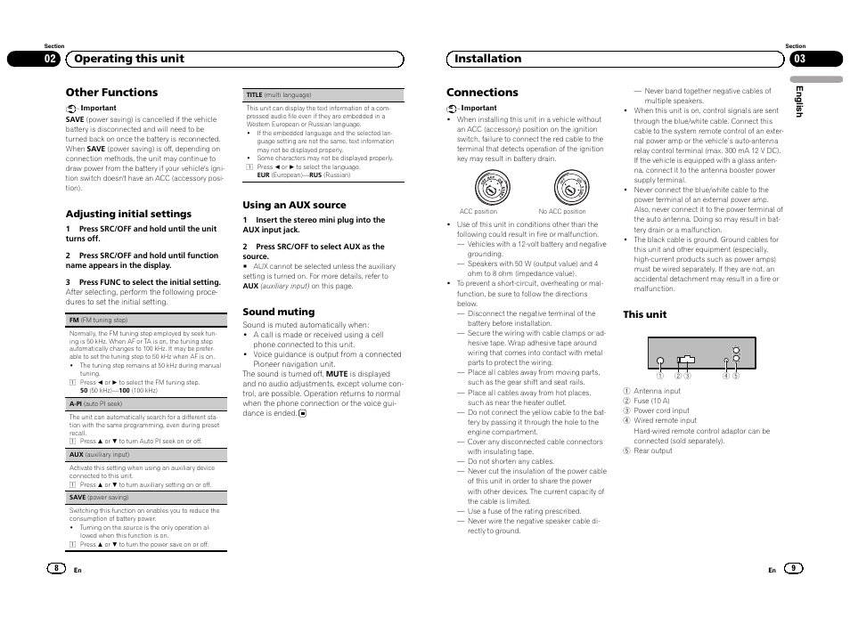 Other functions, 02 operating this unit connections, 03 installation | Pioneer DEH-1300MP User Manual | Page 5 / 64