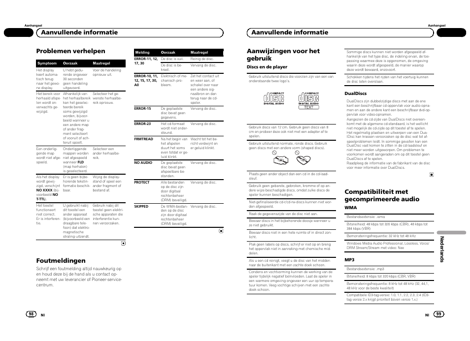 Problemen verhelpen, Foutmeldingen, Compatibiliteit met gecomprimeerde audio | Aanvullende informatie | Pioneer DEH-1300MP User Manual | Page 50 / 64