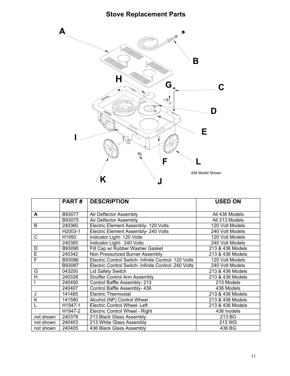 Ij k l, Stove replacement parts | Kenyon 436 User Manual | Page 11 / 12