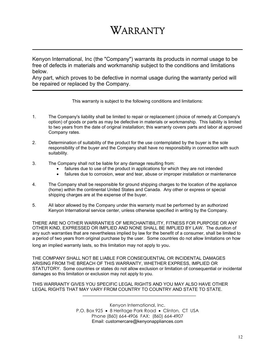 Arranty | Kenyon 436 User Manual | Page 12 / 12